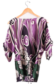 90s Marianne Funky Purple and Green Floral Polyester Blouse