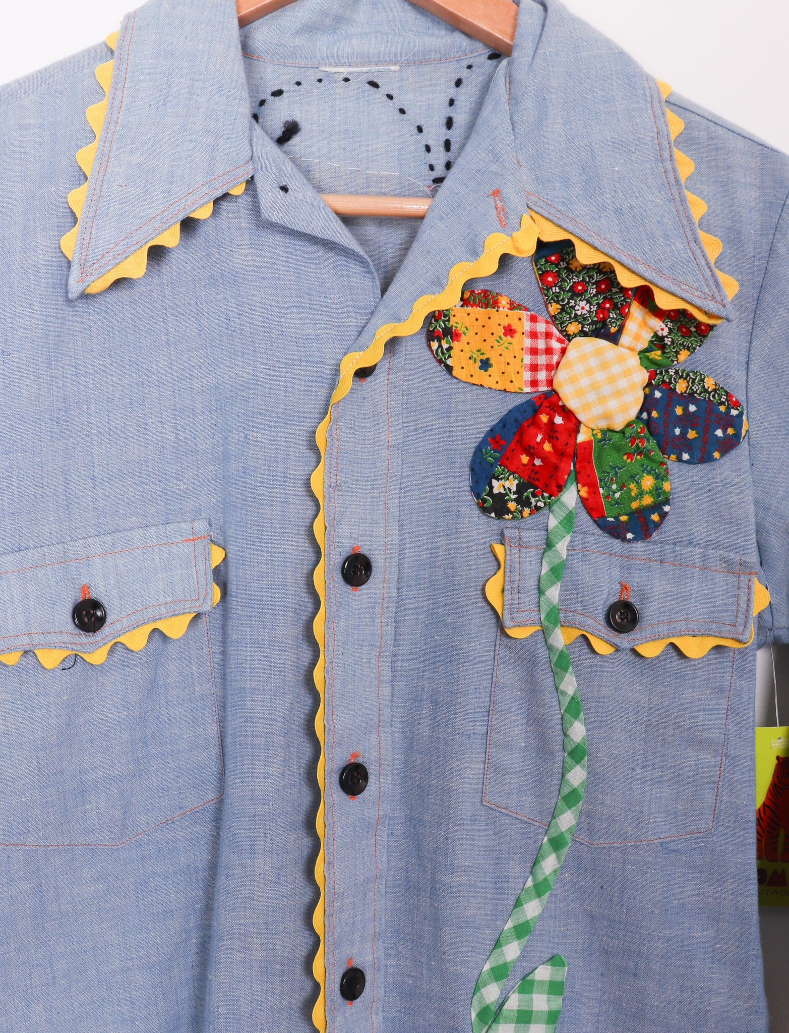Vintage Chambray Patchwork and Embroidered Button Up