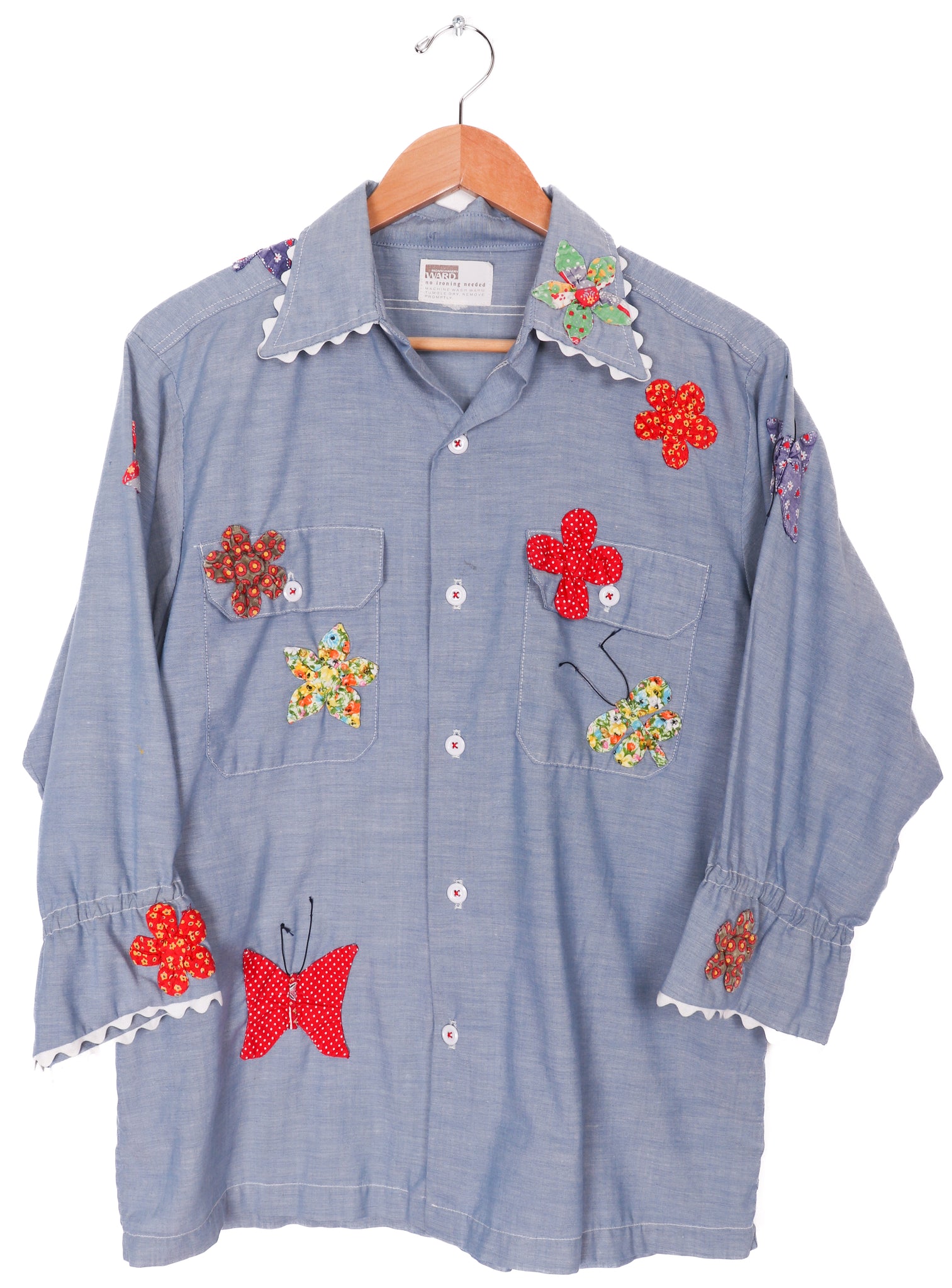 70s Montgomery Ward Custom Flowers and Butterflies Patchwork Blouse
