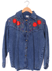 Vintage 90s Glittery Roses Denim Button Up