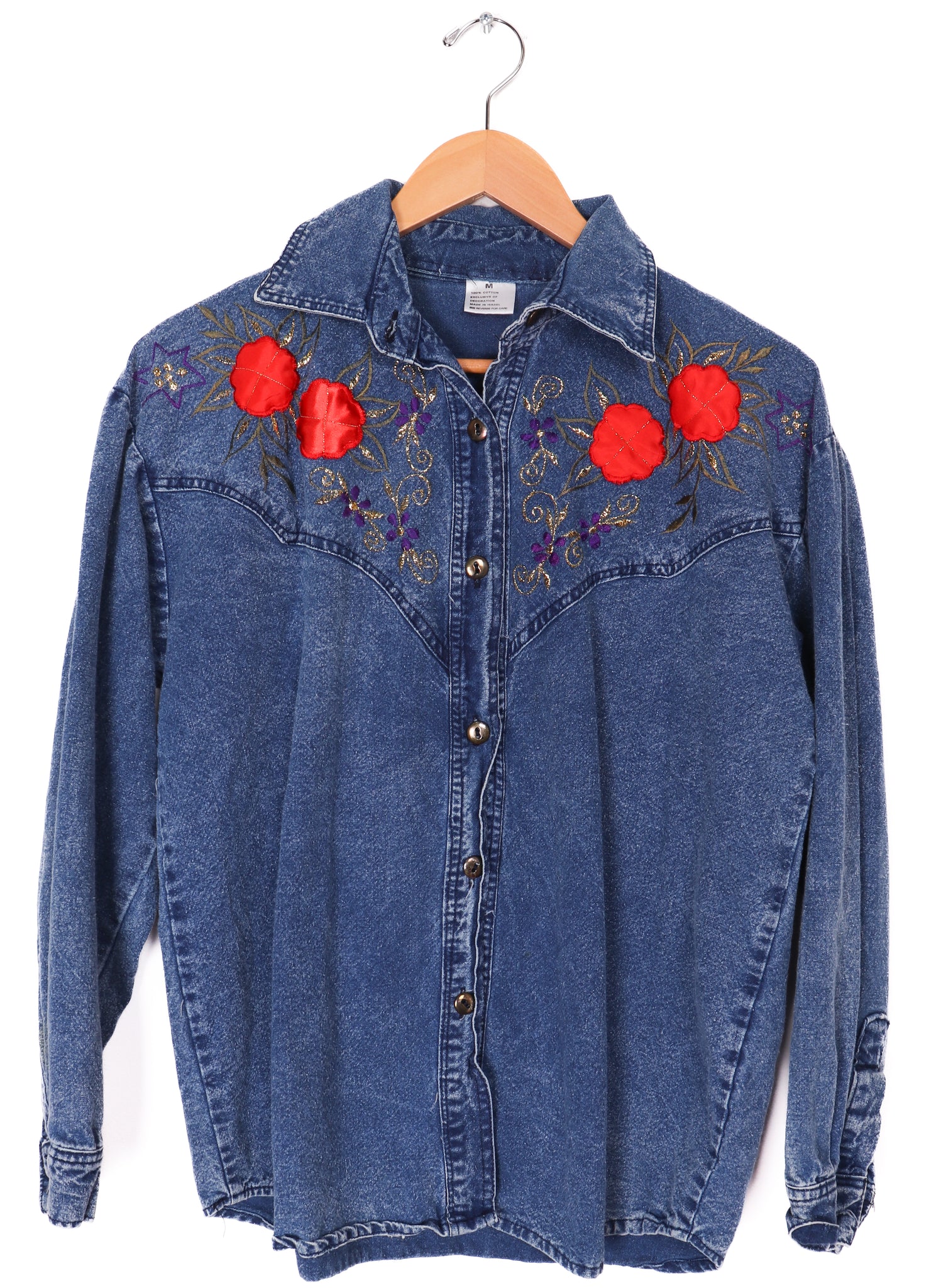 Vintage 90s Glittery Roses Denim Button Up