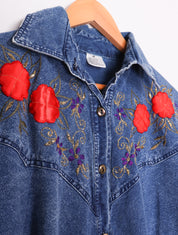 Vintage 90s Glittery Roses Denim Button Up