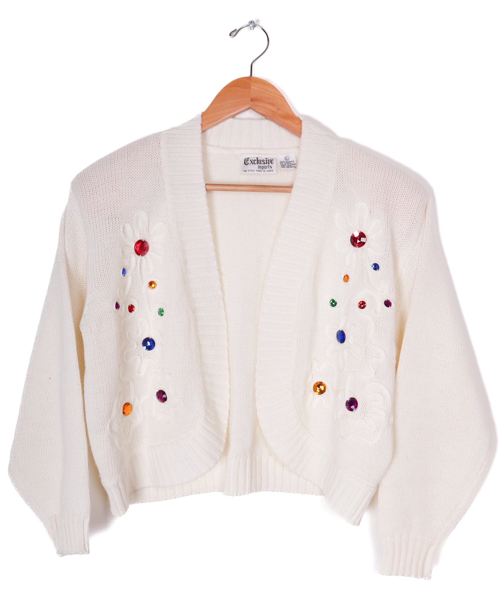 90s Exclusive Imports White Bejeweled Cropped Sweater Cardigan