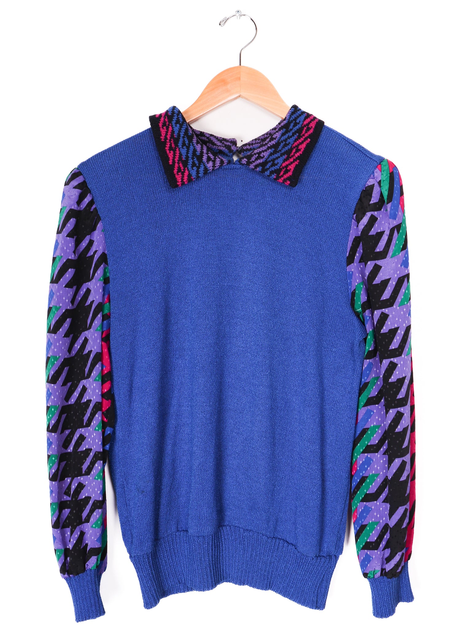 80s Anthony Sicari Blue Funky Collared Sweater Top