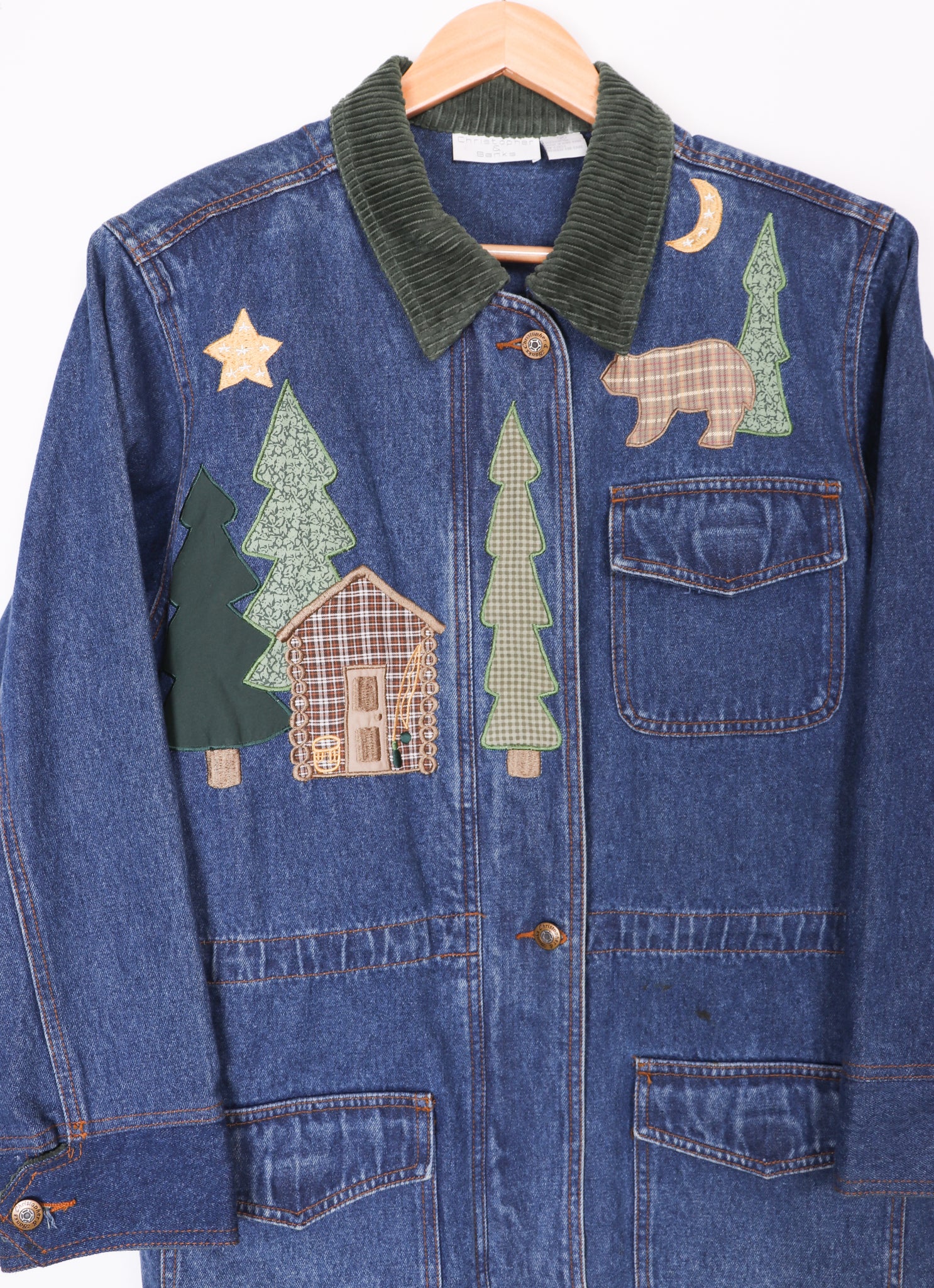 Christopher & Banks Embroidered Winter Forest Long Denim Jacket