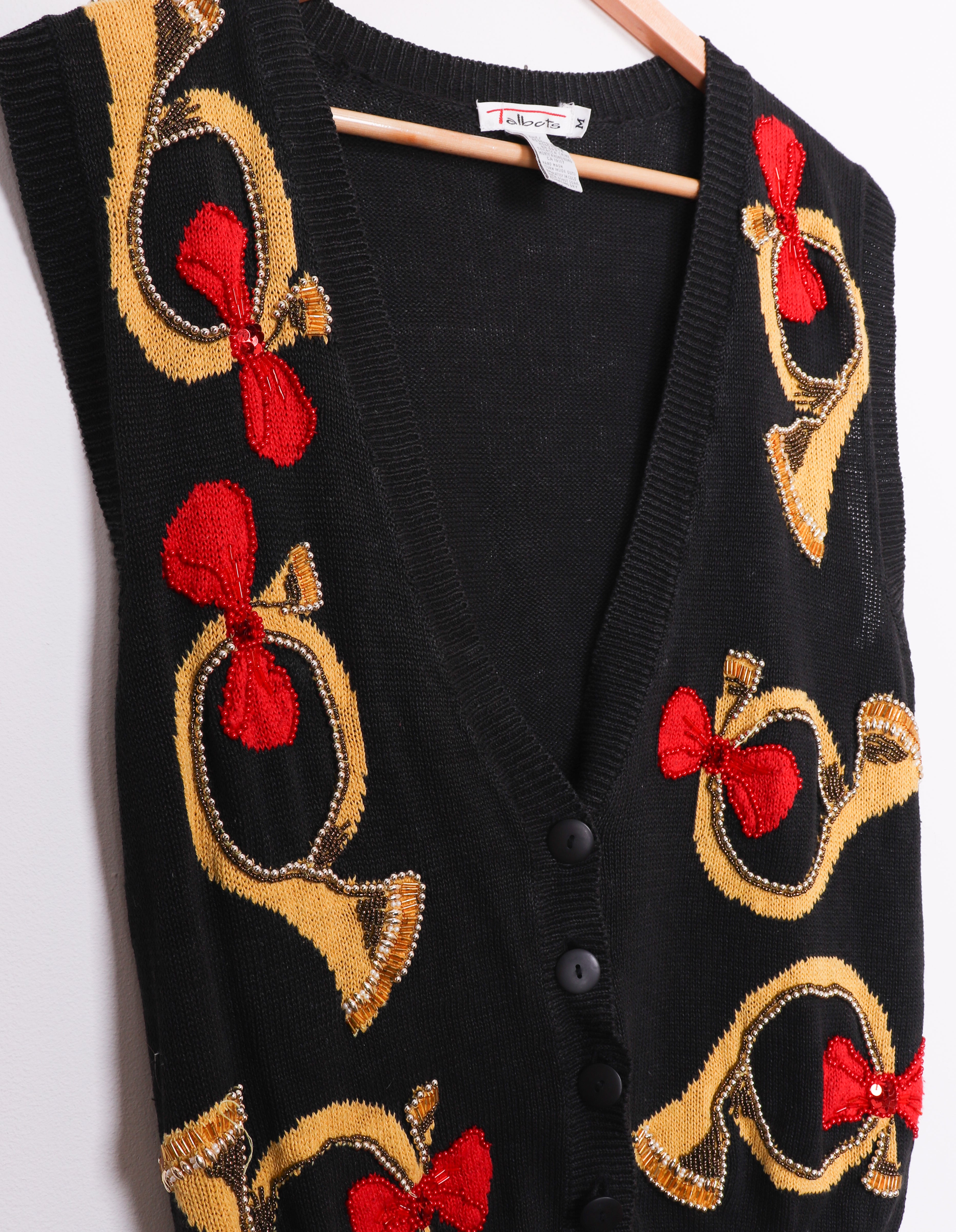 Vintage Talbots Festive French Horns Embroidered Sweater Vest