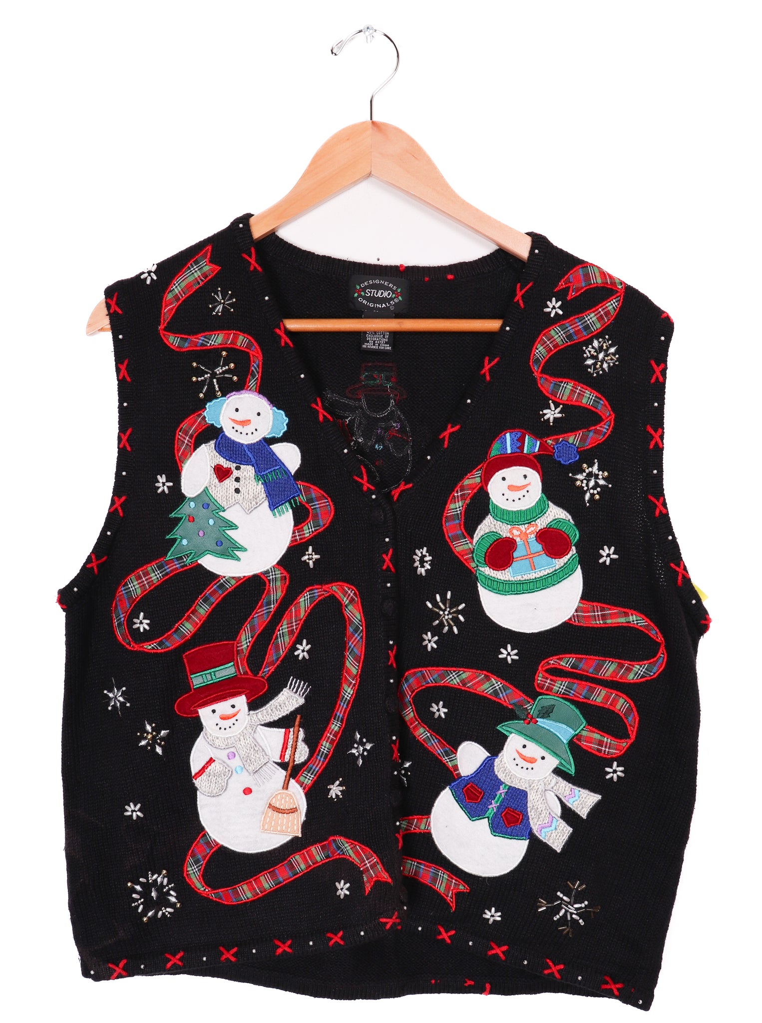 Designers Studio Originals Fun Snowmen Black Sweater Vest