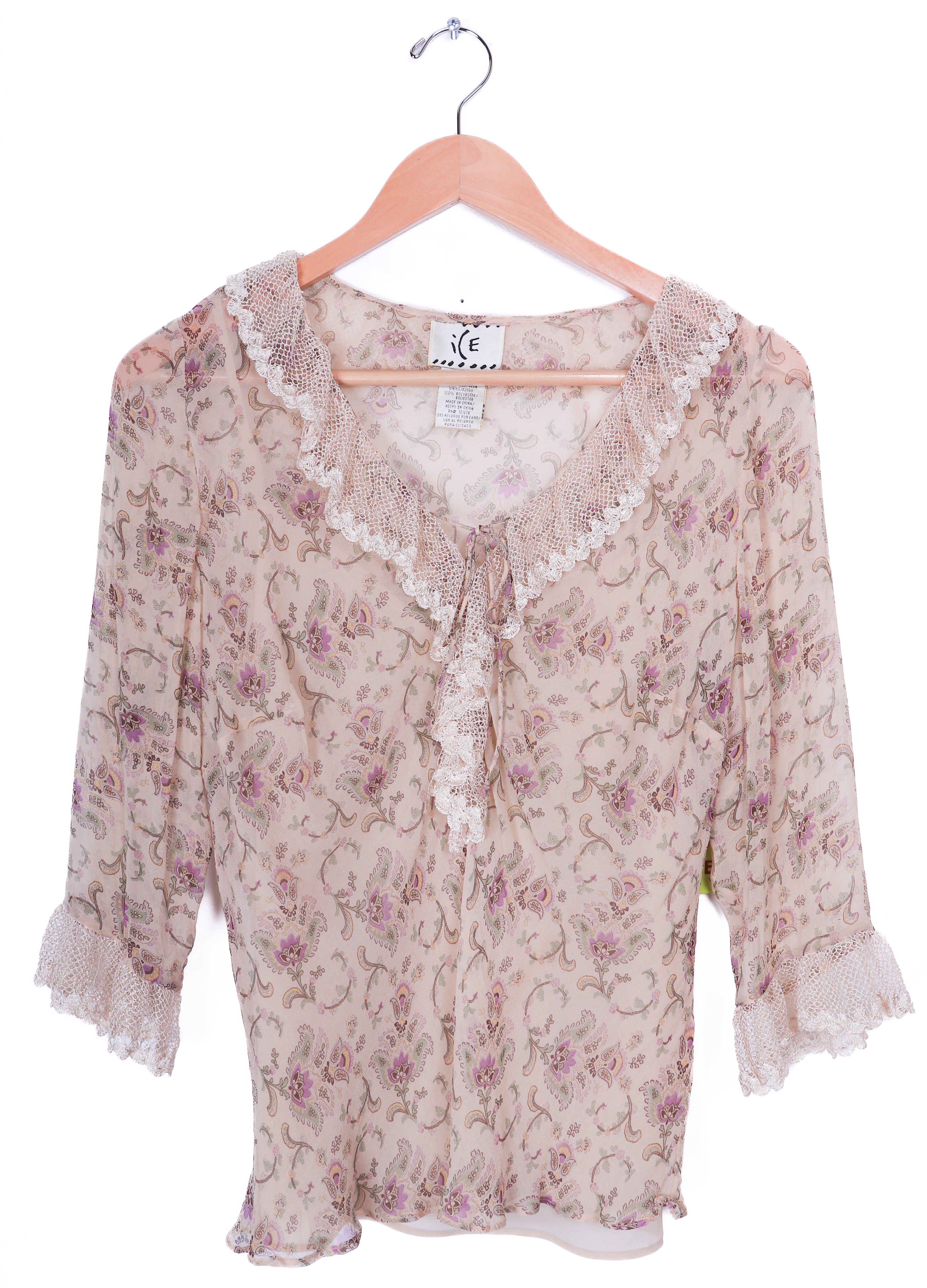 90s Ice Flowy Ruffle Sheer Paisley Blouse