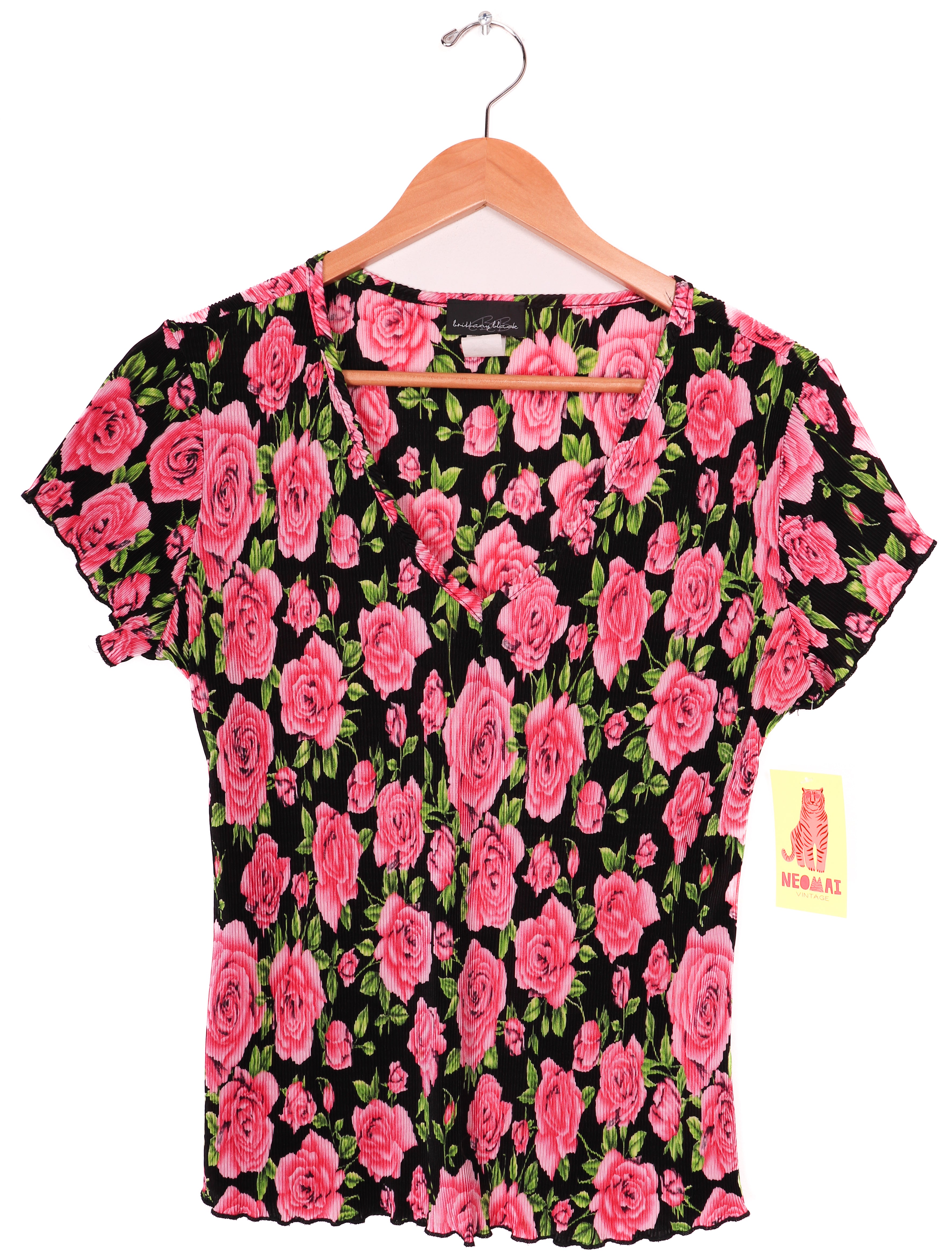 Vintage 90s Pink Roses Ribbed Polyester Top