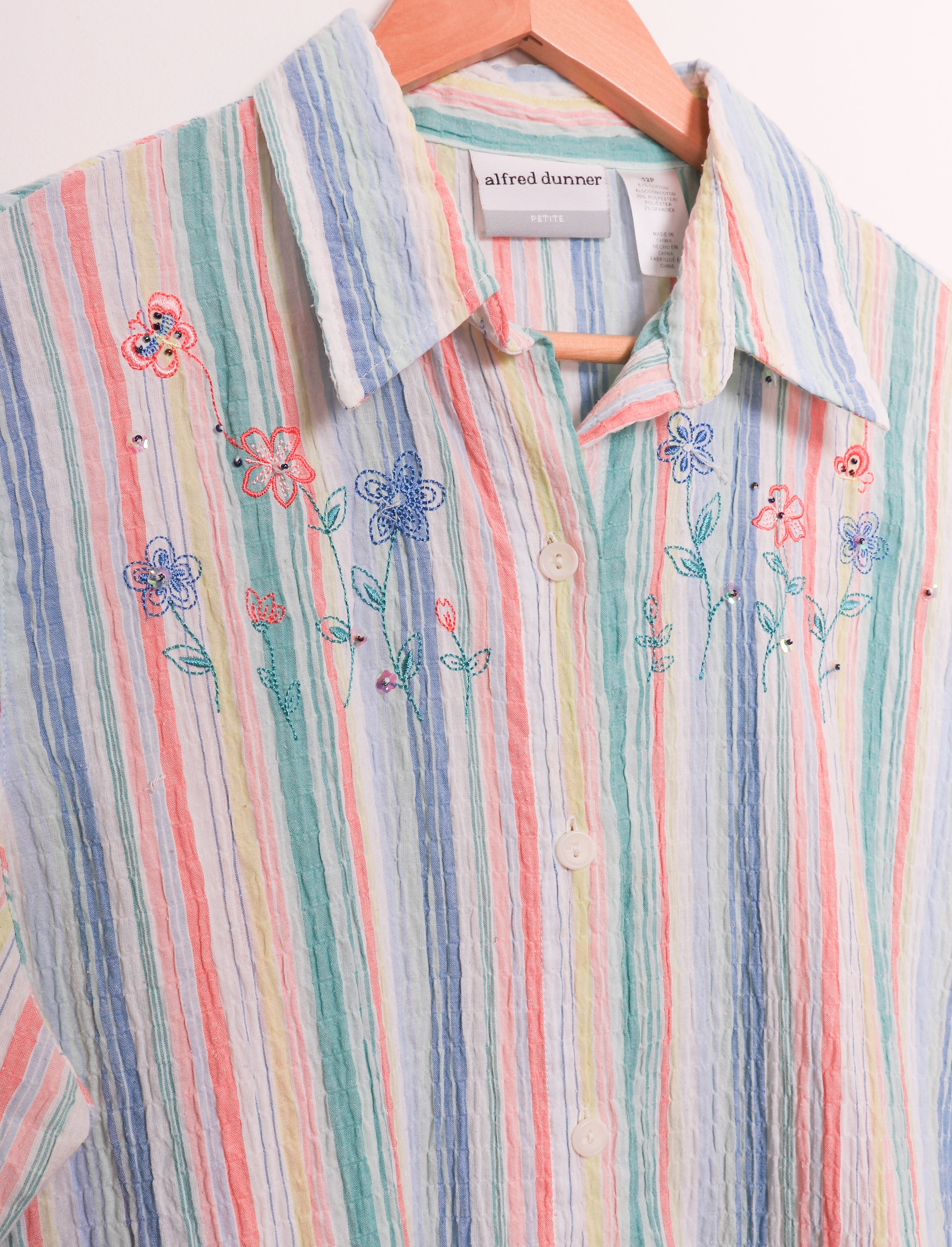 Alfred Dunner Cute Striped Pastel Flowers Button Up