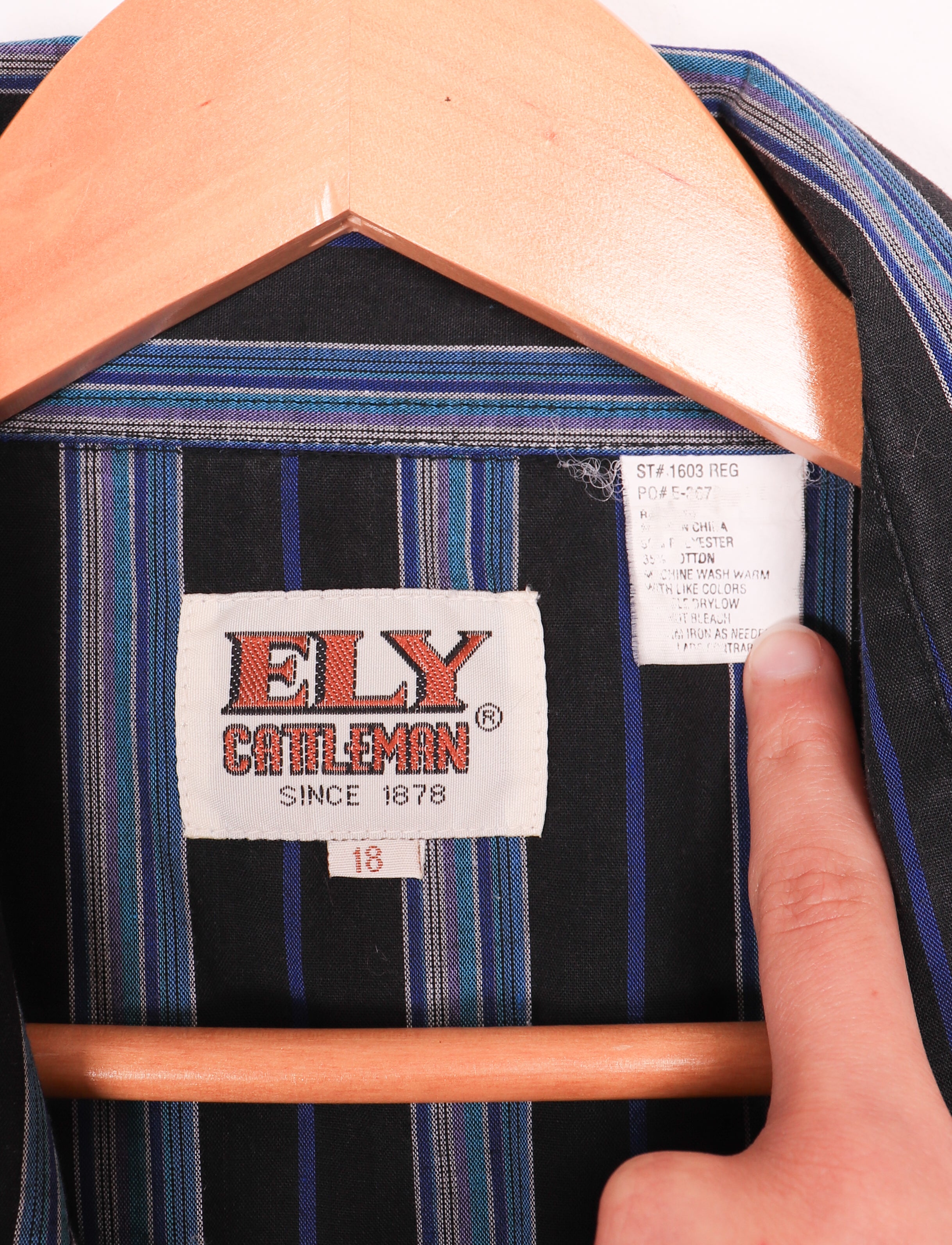 Vintage Ely Cattleman Black and Blue Striped Western Button Up