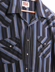 Vintage Ely Cattleman Black and Blue Striped Western Button Up