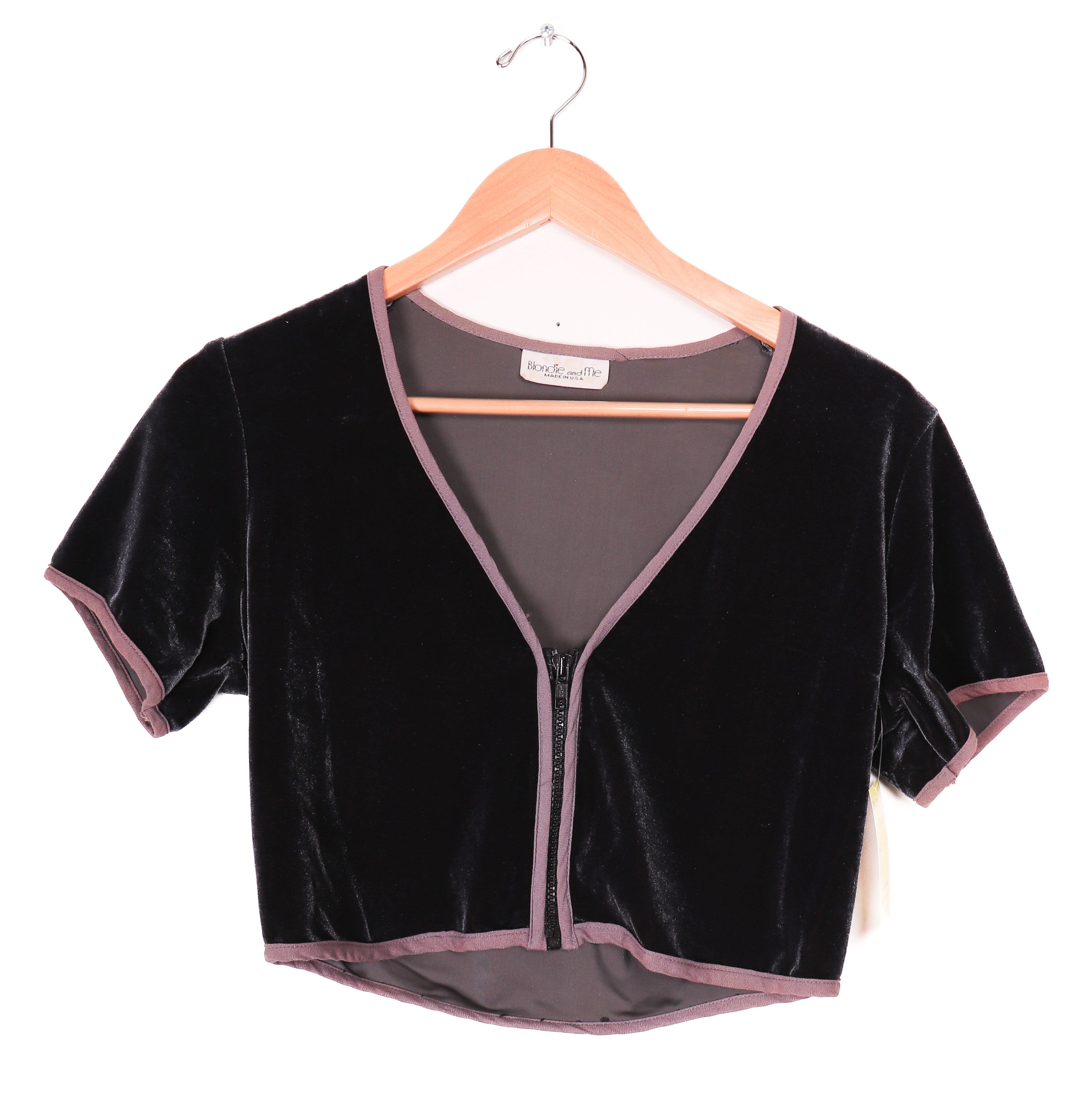 80s Blondie & Me Grey Velvet Zip Up Crop Top