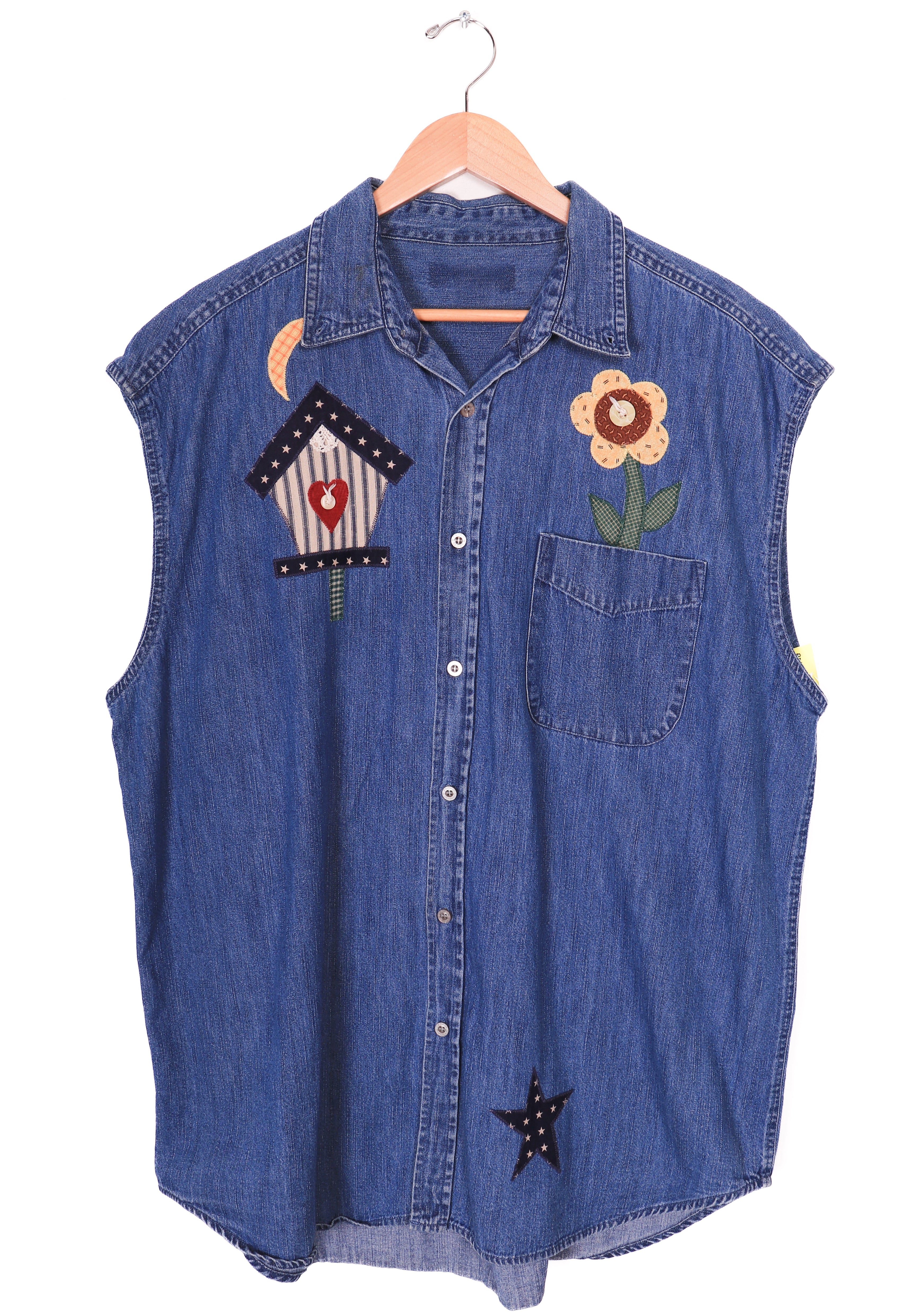 Embroidered Birdhouse and Flowers Long Denim Vest Blouse