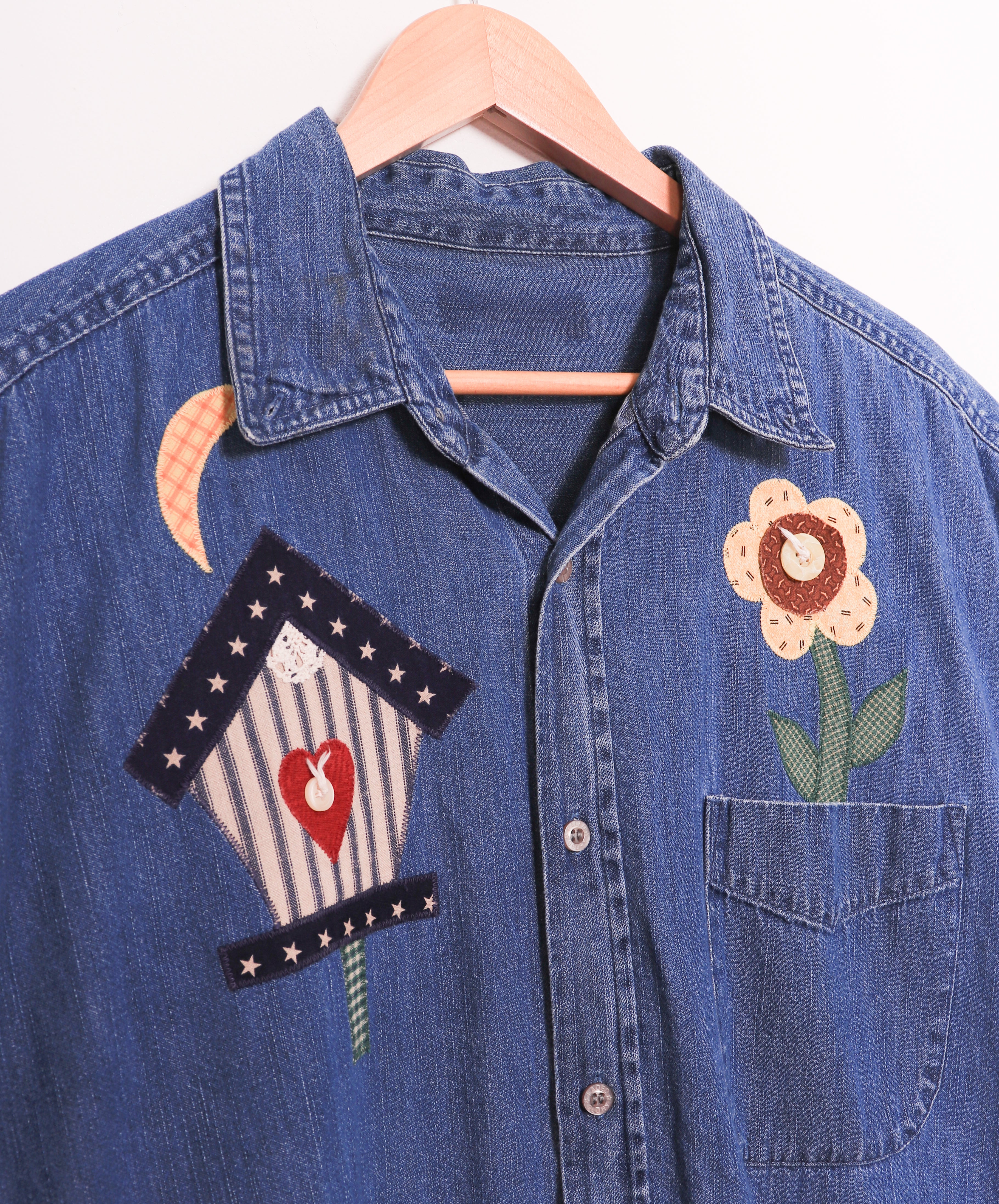 Embroidered Birdhouse and Flowers Long Denim Vest Blouse