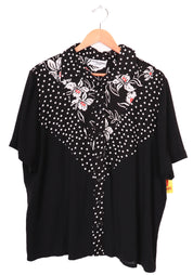 80s-90s Alfred Dunner Black Polka Dot and Florals Blouse