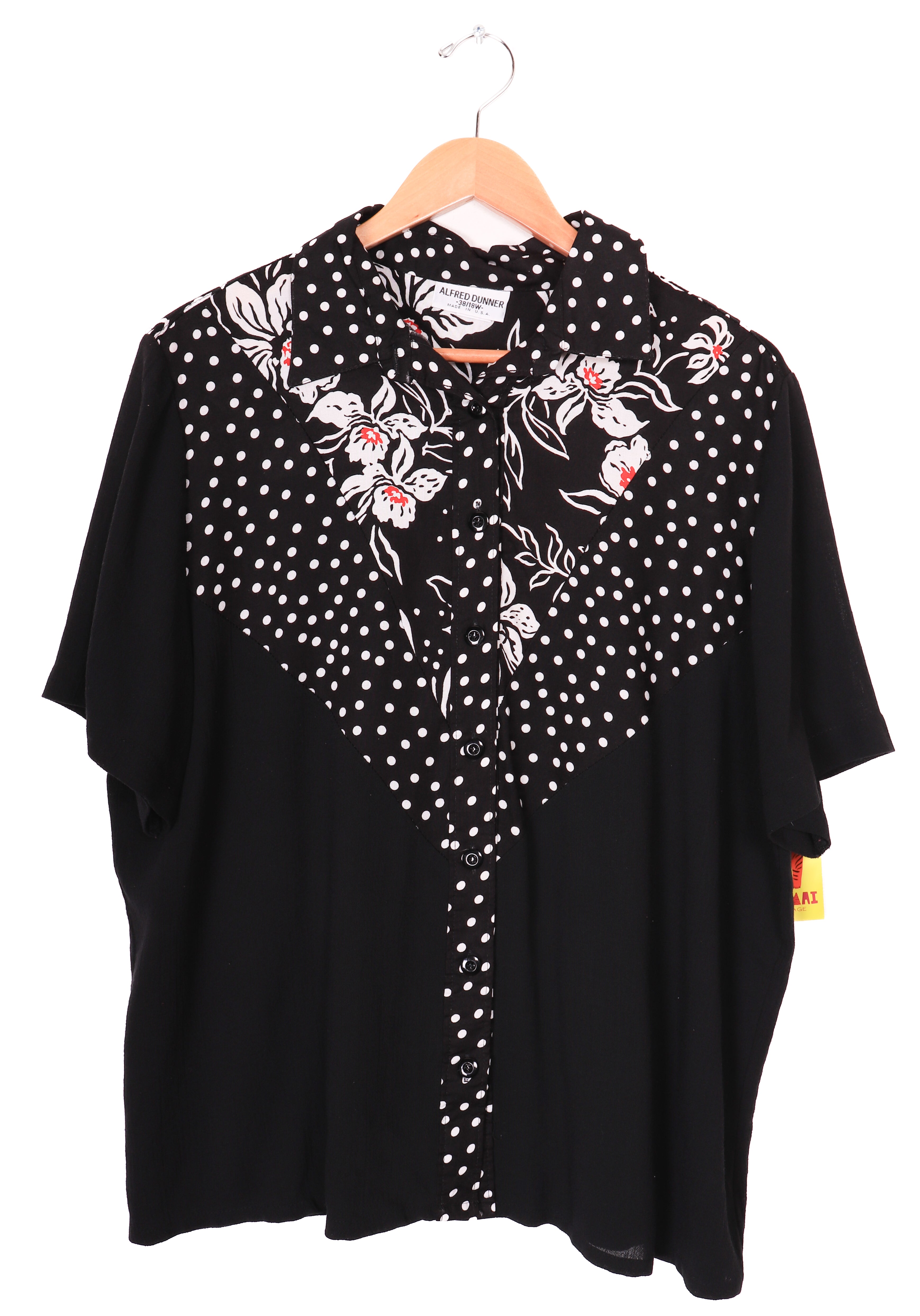 80s-90s Alfred Dunner Black Polka Dot and Florals Blouse