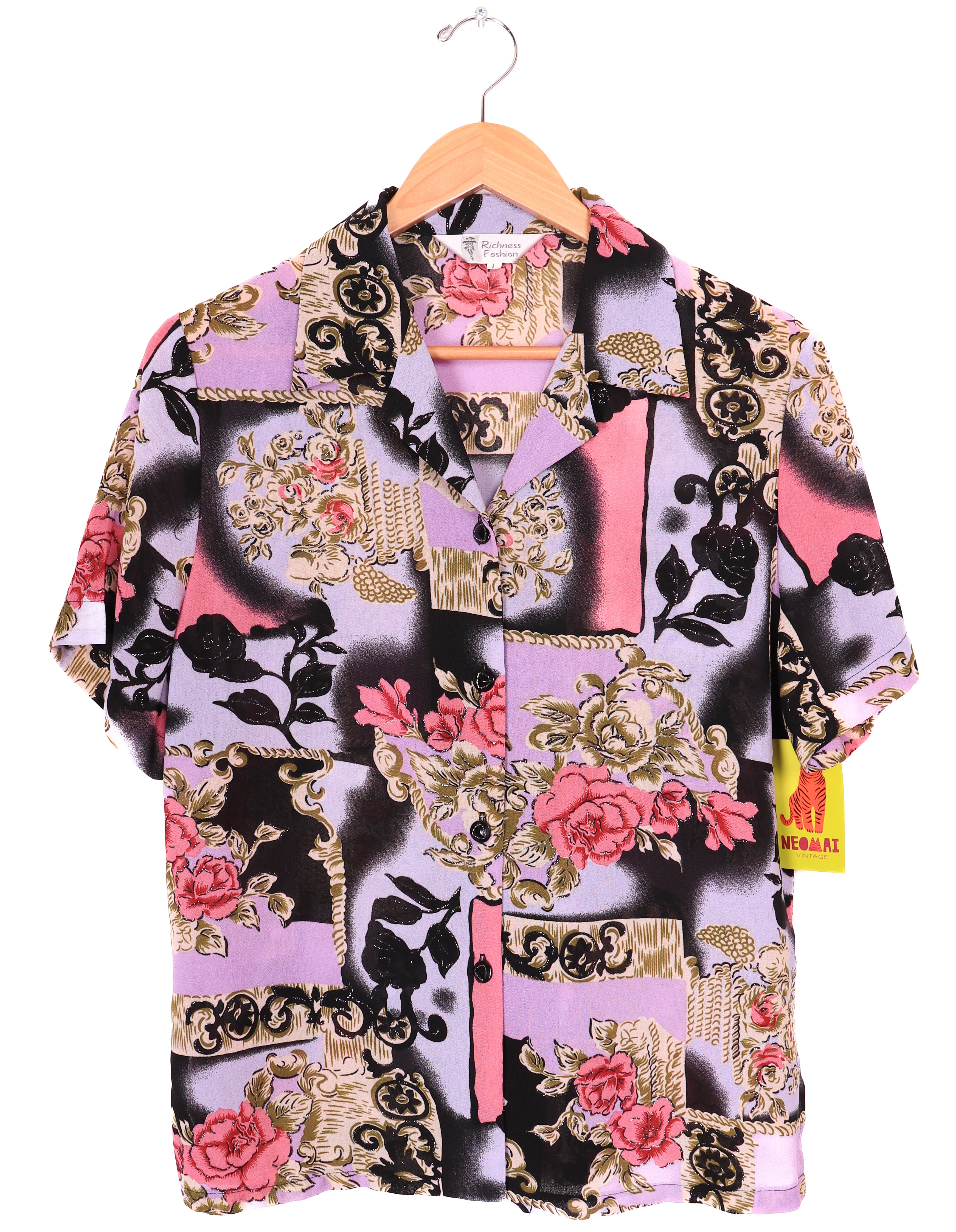 90s Richness Fashion Funky Florals Pink and Purple Blouse