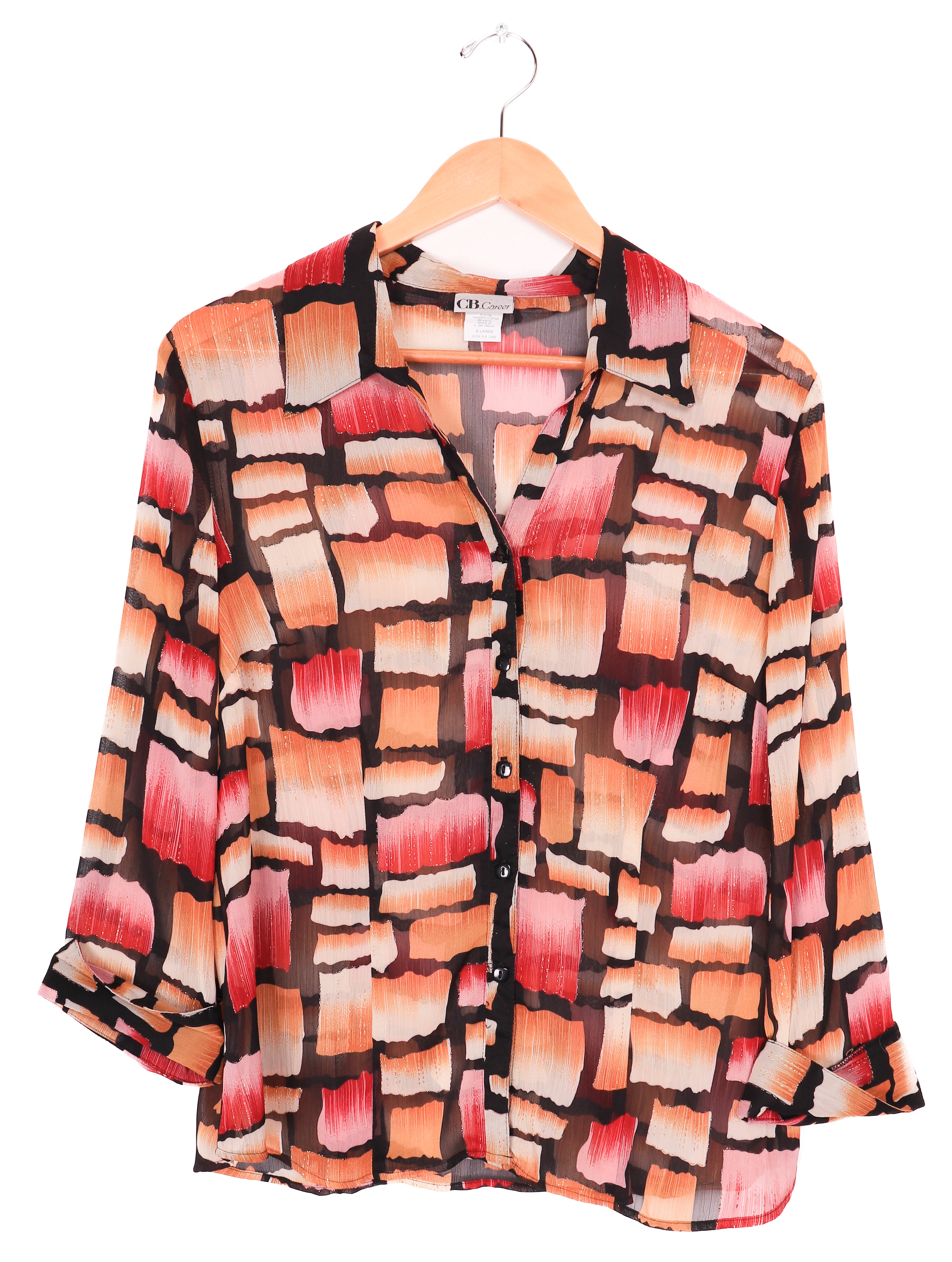 90s CB Career Funky Orange and Red Sheer Blouse