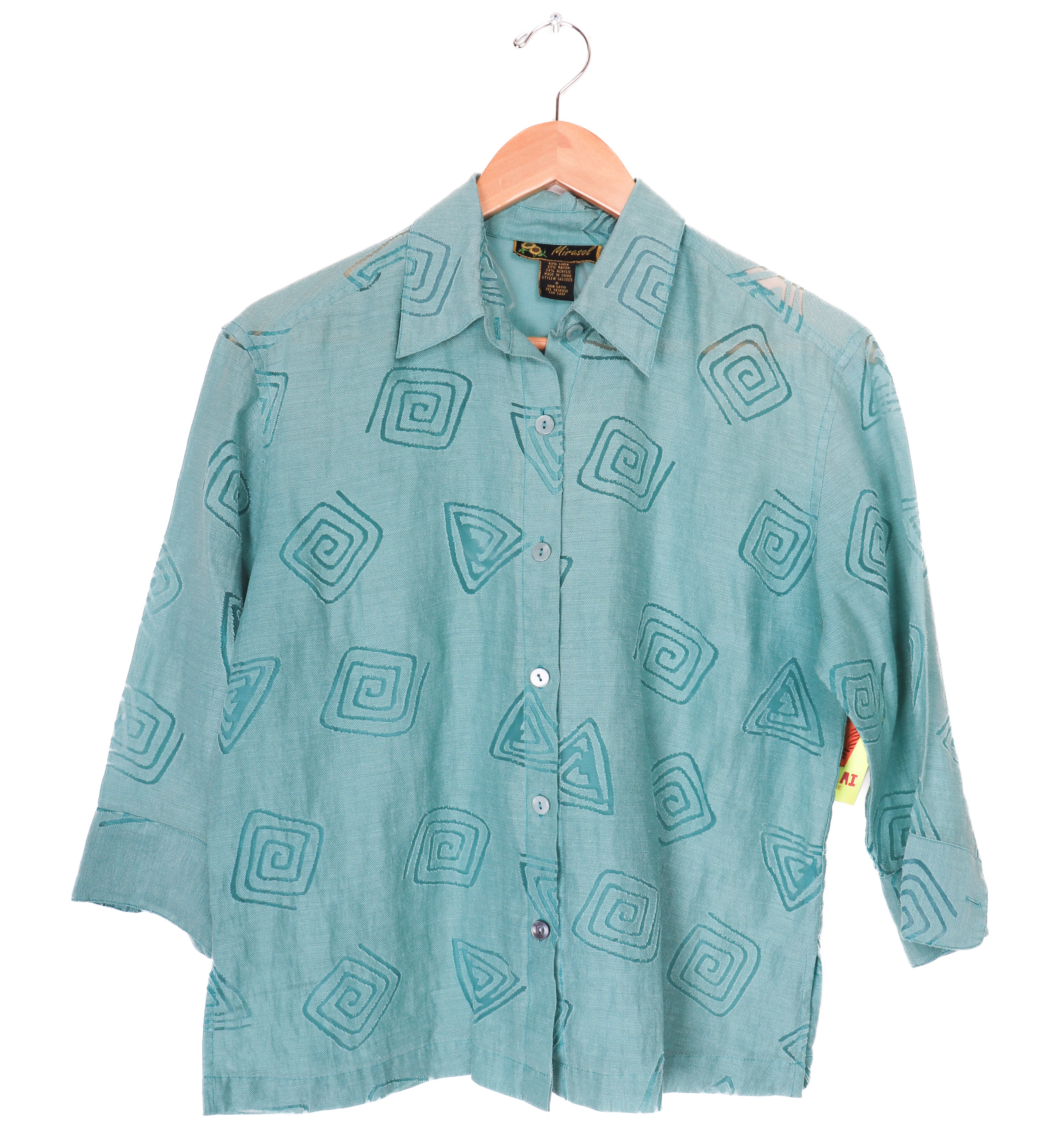 90s Mirasol Sheer Teal Geometric Blouse