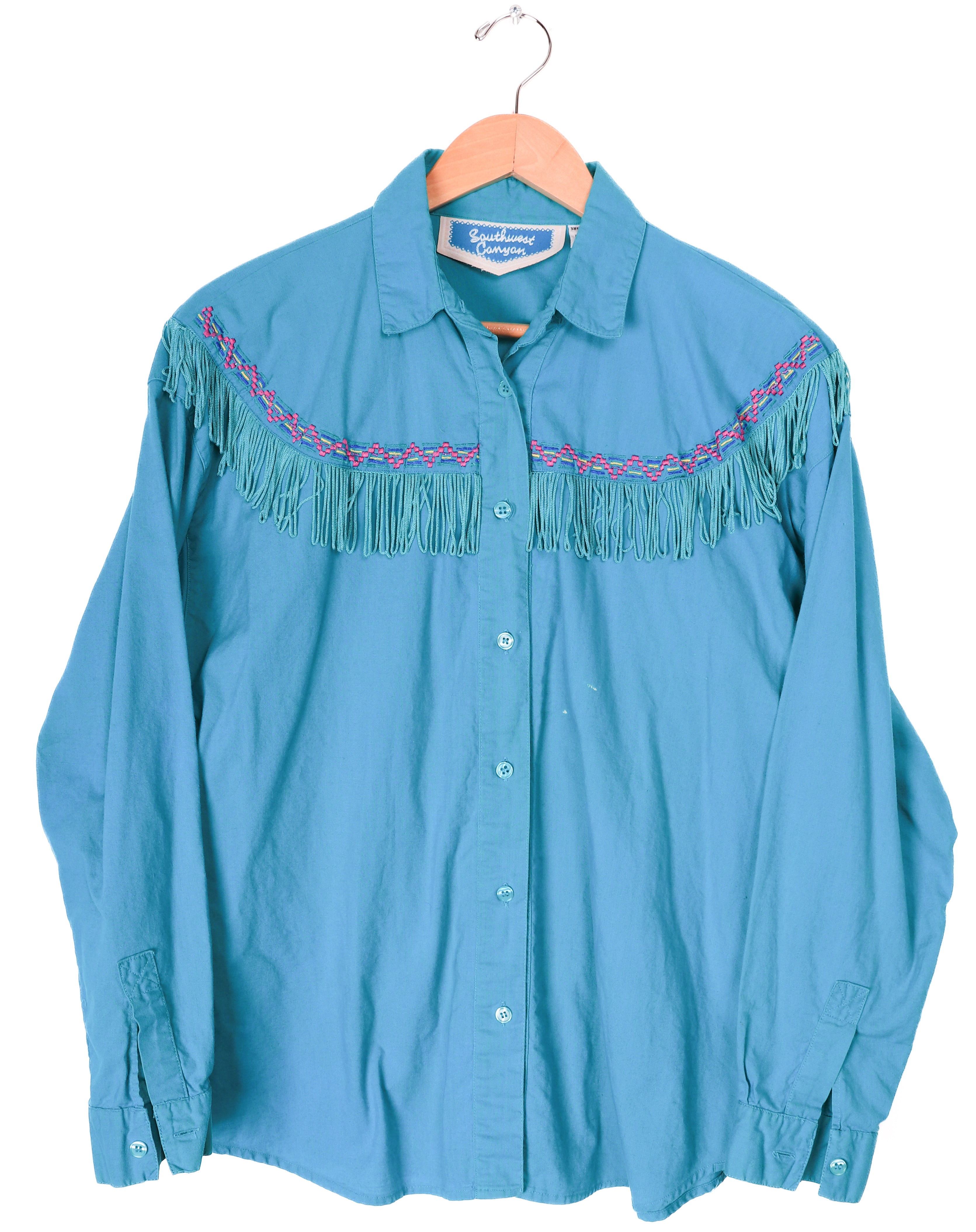 90s Southwest Canyon Fringe Teal Button Up