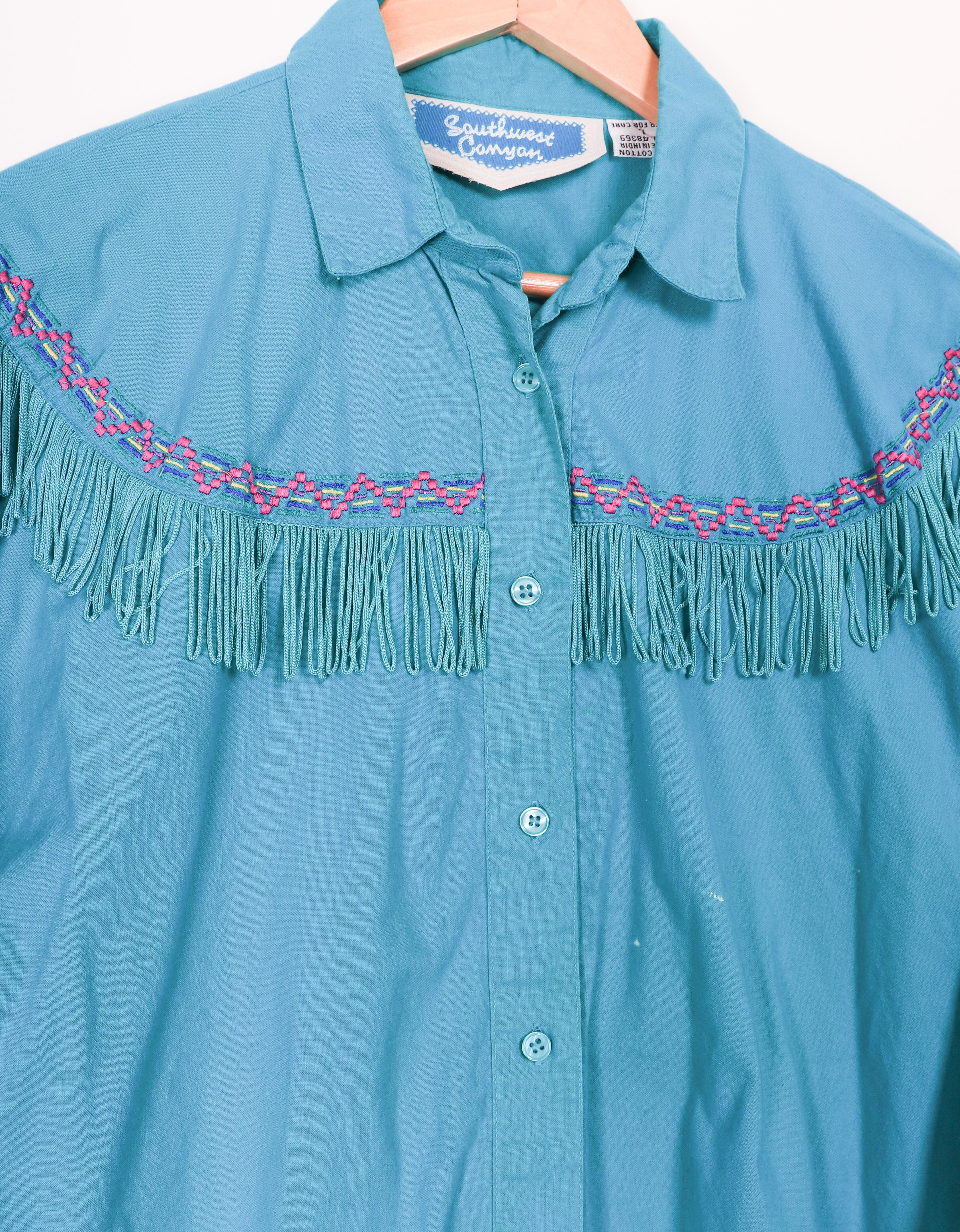 90s Southwest Canyon Fringe Teal Button Up