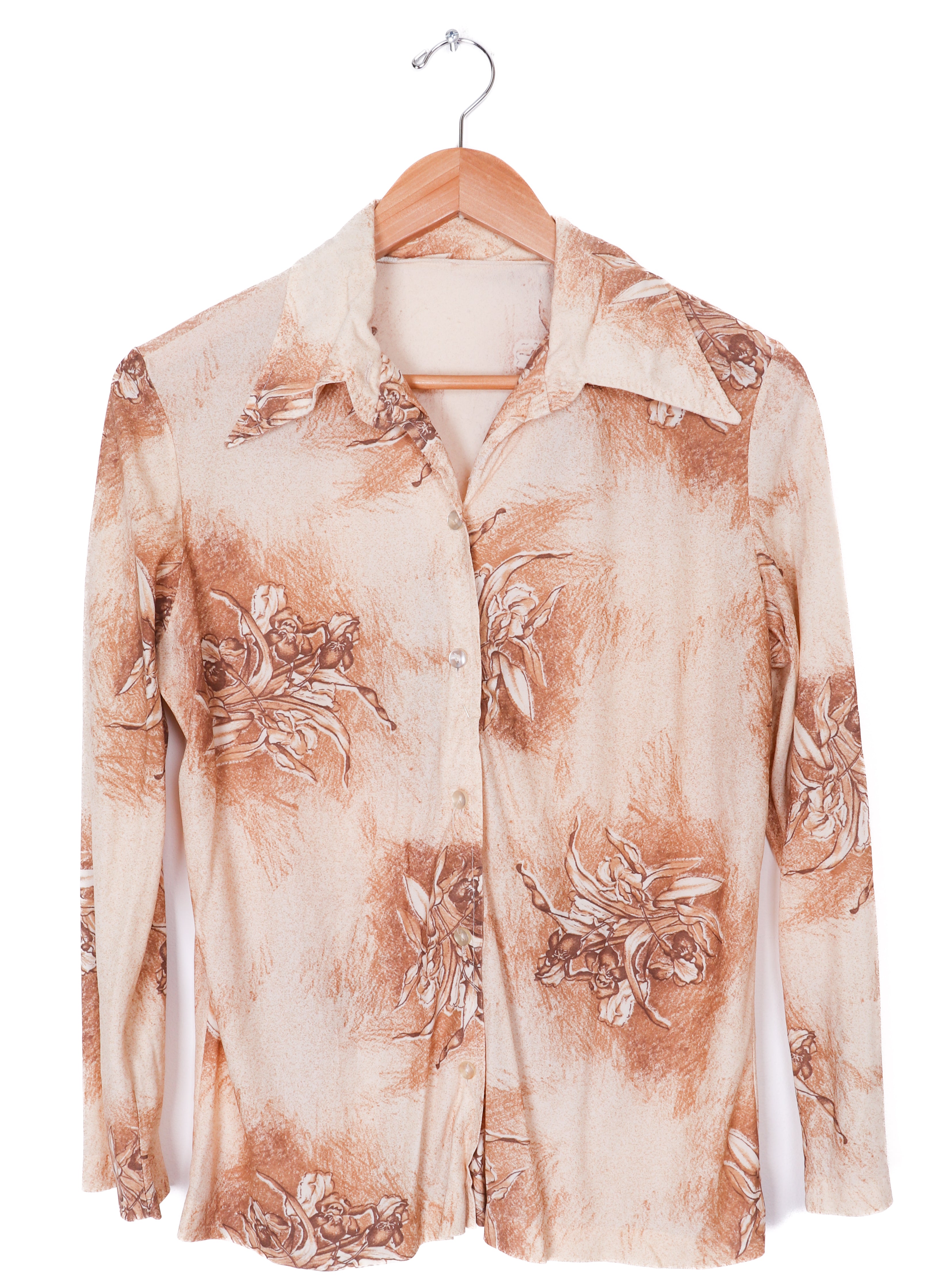 70s-80s Polyester Beige Floral Blouse