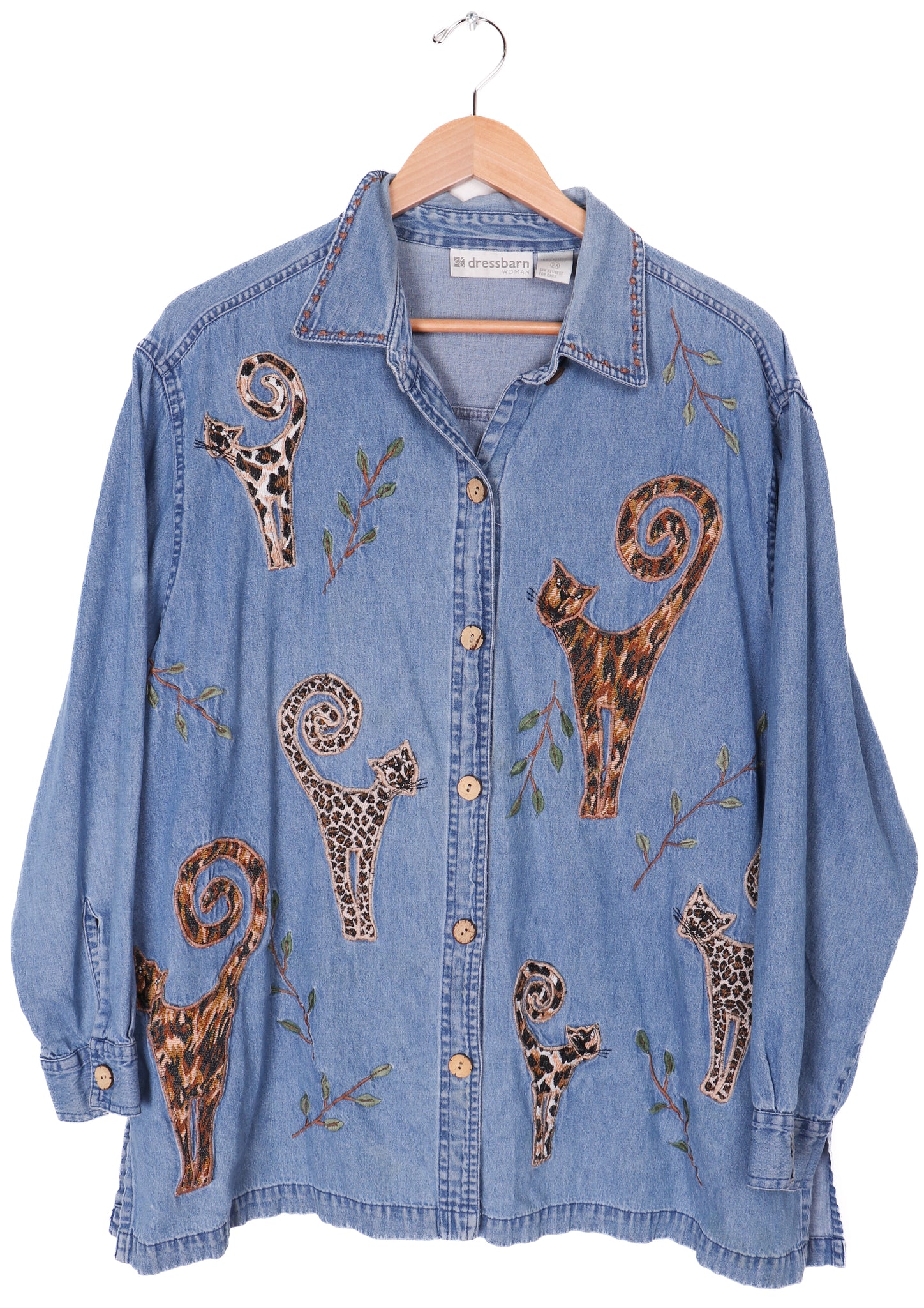 Dress Barn Embroidered Cats Denim Blouse