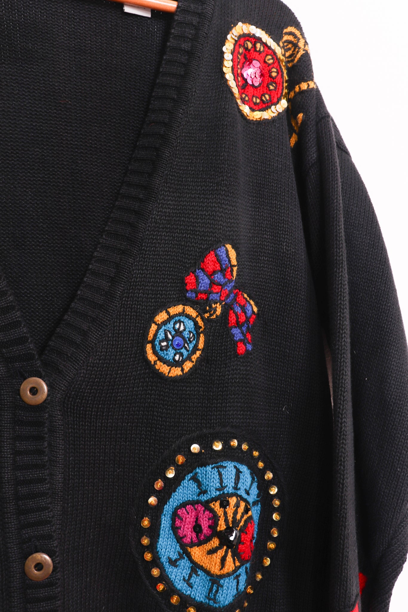 Chaus Petites Funky Sequined and Embroidered Clocks Sweater Cardigan