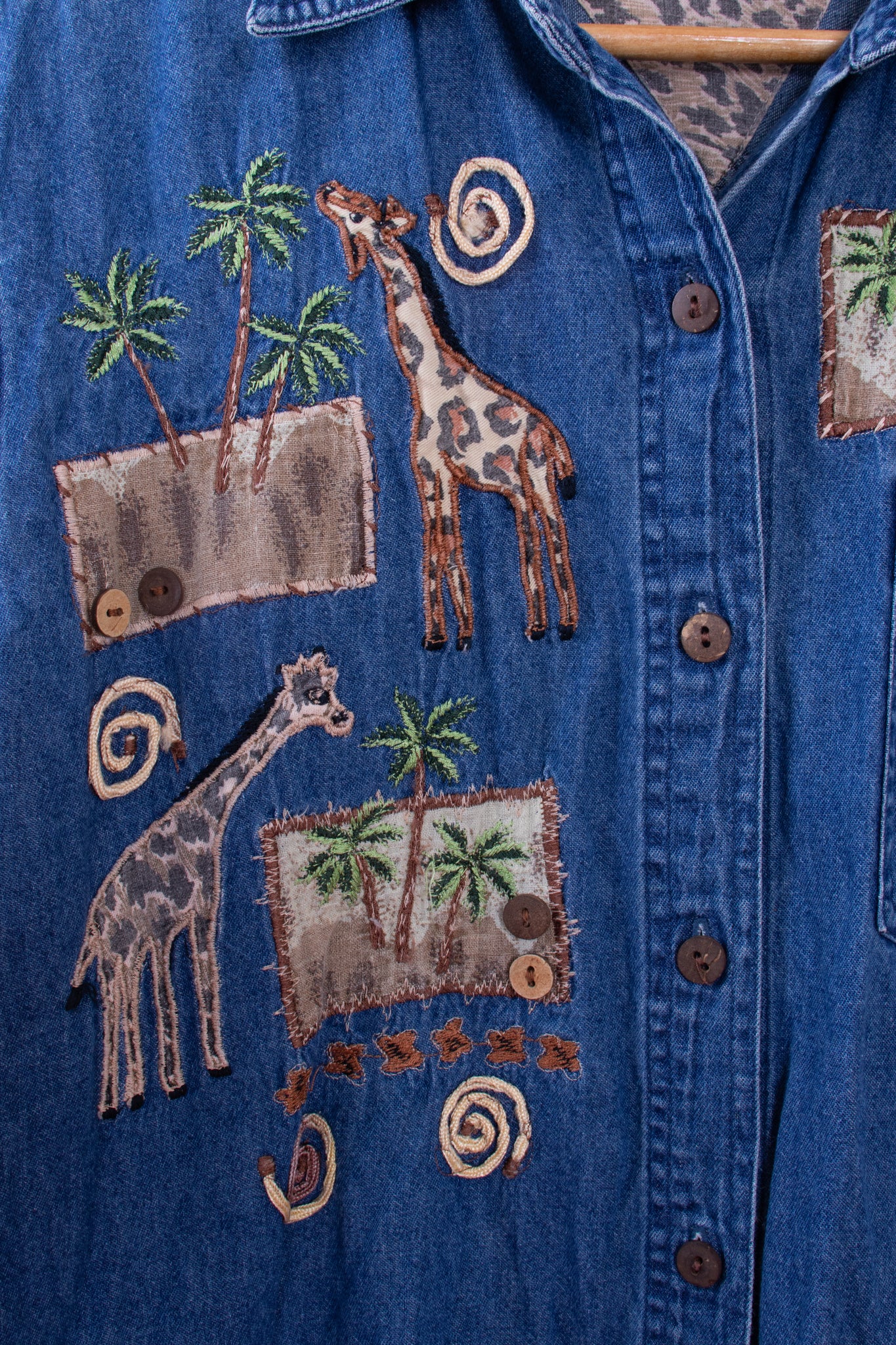 New Directions Safari Giraffes Embroidered Denim Blouse